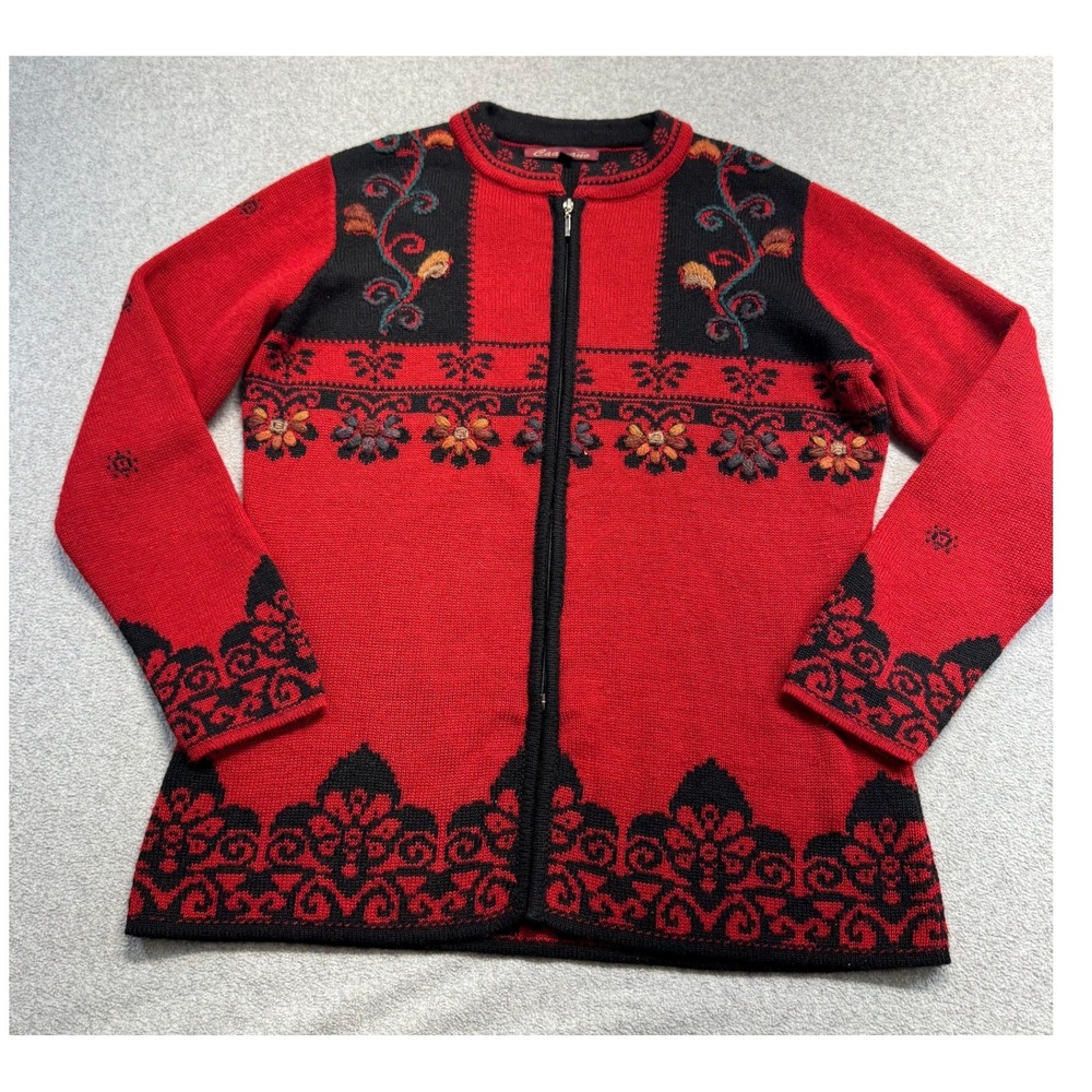 Caamaño 100% Alpaca Cardigan Womens S Red Black Embroidered Nordic Folk Peru